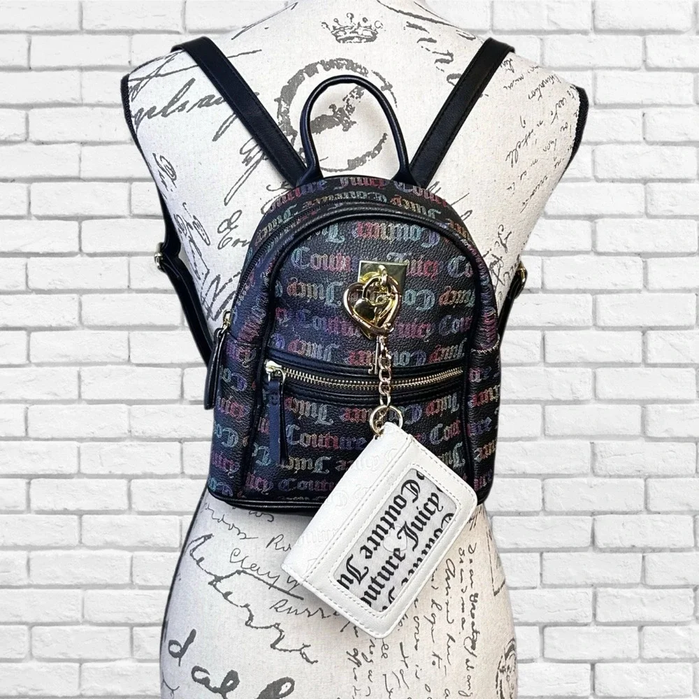 Juicy Couture Black Rainbow Logo Mini Backpack with Card‎ Holder Wallet Set